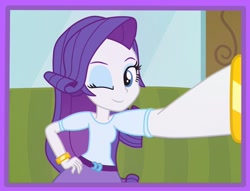 Size: 1022x781 | Tagged: safe, artist:tabrony23, character:rarity, my little pony:equestria girls, bracelet, clothing, female, jewelry, one eye closed, selfie, skirt, solo, wink