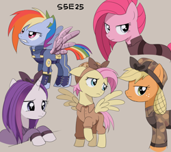 Size: 2250x2000 | Tagged: safe, artist:ryuu, character:applejack, character:fluttershy, character:pinkamena diane pie, character:pinkie pie, character:rainbow dash, character:rarity, species:pony, episode:the cutie re-mark, alternate timeline, amputee, apinkalypse pie, apocalypse dash, apocalypse fluttershy, applecalypsejack, augmented, crystal war timeline, hairnet, high res, prosthetic limb, prosthetic wing, prosthetics, rarity the riveter