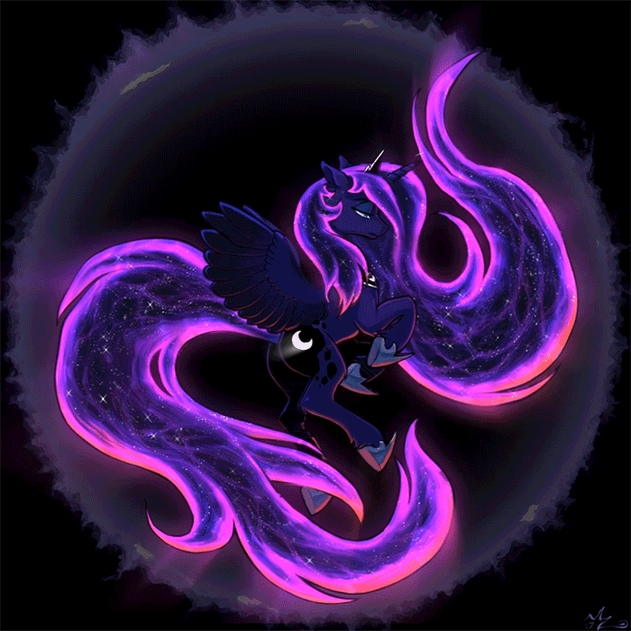 Size: 700x700 | Tagged: safe, artist:equum_amici, artist:php117, edit, character:princess luna, species:alicorn, species:pony, animated, cinemagraph, collaboration, crown, eclipse, female, flying, jewelry, lidded eyes, long mane, long tail, mare, regalia, solo, spread wings, wings