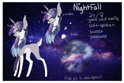 Size: 1500x1000 | Tagged: safe, artist:hyshyy, oc, oc only, oc:nightfall, species:pony, species:unicorn, deer tail, female, mare, reference sheet, solo