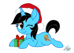 Size: 1534x1090 | Tagged: safe, artist:iheartjapan789, oc, oc only, species:pony, species:unicorn, christmas, clothing, female, hat, holiday, mare, one eye closed, present, santa hat, simple background, solo, transparent background, wink