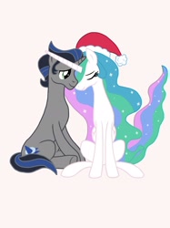Size: 2048x2732 | Tagged: safe, artist:justsomepainter11, character:good king sombra, character:king sombra, character:princess celestia, species:alicorn, species:pony, species:unicorn, ship:celestibra, christmas, clothing, female, hat, holiday, male, santa hat, shipping, simple background, smiling, straight