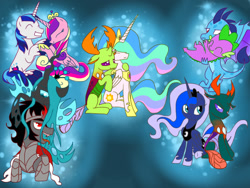 Size: 1024x768 | Tagged: safe, artist:andromedasparkz, character:king sombra, character:pharynx, character:prince pharynx, character:princess cadance, character:princess celestia, character:princess ember, character:princess luna, character:queen chrysalis, character:shining armor, character:spike, character:thorax, species:changeling, species:dragon, species:reformed changeling, ship:chrysombra, ship:emberspike, ship:lunarynx, ship:shiningcadance, ship:thoralestia, carrying, changedling brothers, female, male, shipping, straight