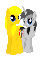 Size: 2480x3507 | Tagged: safe, artist:truffle shine, artist:twidasher, derpibooru original, oc, oc only, oc:carbine kiasu, oc:truffle shine, species:pony, species:unicorn, 2018 community collab, derpibooru community collaboration, duo, female, grin, horn, looking at you, male, side by side, simple background, smiling, transparent background