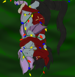 Size: 2454x2550 | Tagged: safe, artist:wesleyfoxx, oc, oc only, oc:losian, oc:lupine, species:bat pony, bat pony oc, christmas, christmas lights, colored sketch, dangling, holiday, hug, red and black oc, smiling, upside down, winghug