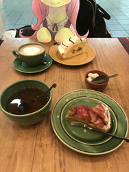 Size: 1000x1333 | Tagged: safe, artist:yanamosuda, character:fluttershy, cake, clothing, coffee, date, female, food, fork, sitting, solo, table, waifu dinner