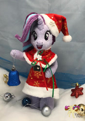 Size: 570x812 | Tagged: safe, artist:ketika, character:starlight glimmer, species:pony, species:unicorn, anthro plushie, bipedal, christmas, christmas ornament, clothing, costume, decoration, female, hat, holiday, irl, mare, photo, plushie, santa costume, santa hat, smiling, solo
