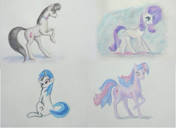 Size: 595x433 | Tagged: safe, artist:stratodraw, character:dj pon-3, character:octavia melody, character:rarity, character:twilight sparkle, character:vinyl scratch, species:earth pony, species:pony, species:unicorn, female, mare, sitting, traditional art, trotting