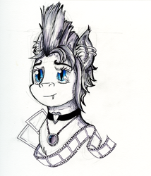 Size: 695x812 | Tagged: safe, artist:dreamingnoctis, oc, oc only, species:bat pony, species:pony, choker, collar, fangs, female, film, goth, mare, mohawk, photographer, punk, sketch, solo, traditional art