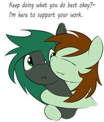 Size: 2643x3090 | Tagged: safe, artist:lofis, oc, oc only, oc:mint chocolate, oc:minus, species:earth pony, species:pony, colored, dialogue, female, hug, male, positive message, simple background, white background