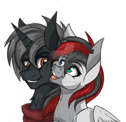 Size: 900x868 | Tagged: safe, artist:derpsonhooves, oc, oc only, oc:cold steel, oc:eagle eye, species:pony, species:unicorn, fallout equestria, blushing, bust, female, lesbian, portrait, shipping, watermark
