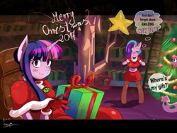 Size: 1205x907 | Tagged: safe, artist:traupa, character:spike, character:starlight glimmer, character:twilight sparkle, species:anthro, species:dragon, species:unguligrade anthro, balloon, blushing, christmas, christmas tree, clothing, costume, holiday, new year, present, santa costume, tree
