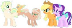 Size: 1024x401 | Tagged: safe, artist:s1nb0y, base used, character:applejack, character:starlight glimmer, oc, oc:daniela sunlight, oc:jhonny cherimoya, oc:tamara, parent:applejack, parent:starlight glimmer, parents:glimmerjack, species:pony, species:unicorn, baby, baby pony, female, filly, glimmerjack, lesbian, magical lesbian spawn, male, mare, offspring, shipping, simple background, stallion, transparent background