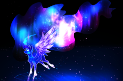 Size: 1192x790 | Tagged: safe, artist:derpsonhooves, character:princess luna, species:alicorn, species:pony, ethereal mane, female, galaxy mane, glowing eyes, magic, moon, solo, stars, unshorn fetlocks