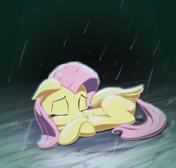 Size: 1280x1226 | Tagged: safe, artist:stratodraw, character:fluttershy, species:pegasus, species:pony, crying, eyes closed, female, floppy ears, folded wings, mare, prone, rain, sad, solo, teary eyes, wings