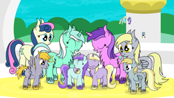 Size: 4244x2387 | Tagged: safe, artist:dinkyuniverse, character:amethyst star, character:bon bon, character:boysenberry, character:chirpy hooves, character:crackle pop, character:derpy hooves, character:dinky hooves, character:liza doolots, character:lyra heartstrings, character:petunia, character:sassaflash, character:sea swirl, character:sparkler, character:sweetie drops, character:tootsie flute, species:earth pony, species:pegasus, species:pony, species:unicorn, absurd resolution, bread, canterlot, chest fluff, chirpy hooves, colt, family, female, filly, food, gathering, happy, hug, male, toast, tower, unshorn fetlocks