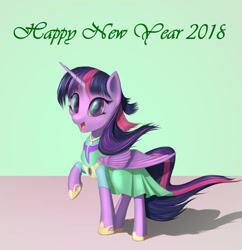 Size: 1024x1058 | Tagged: safe, artist:stratodraw, character:twilight sparkle, character:twilight sparkle (alicorn), species:alicorn, species:pony, clothing, dress, female, happy new year, happy new year 2018, holiday, mare, solo