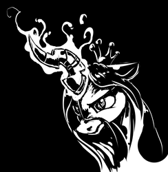 Size: 5289x5415 | Tagged: safe, artist:nadnerbd, character:queen chrysalis, species:changeling, absurd resolution, female, glowing horn, magic, monochrome, solo