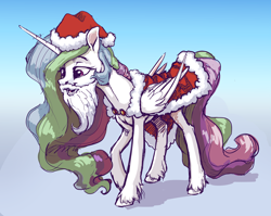 Size: 6575x5232 | Tagged: safe, artist:nadnerbd, character:princess celestia, species:alicorn, species:pony, absurd resolution, beard, christmas, clothing, costume, facial hair, fake beard, female, hat, holiday, mare, santa costume, santa hat, smiling, solo