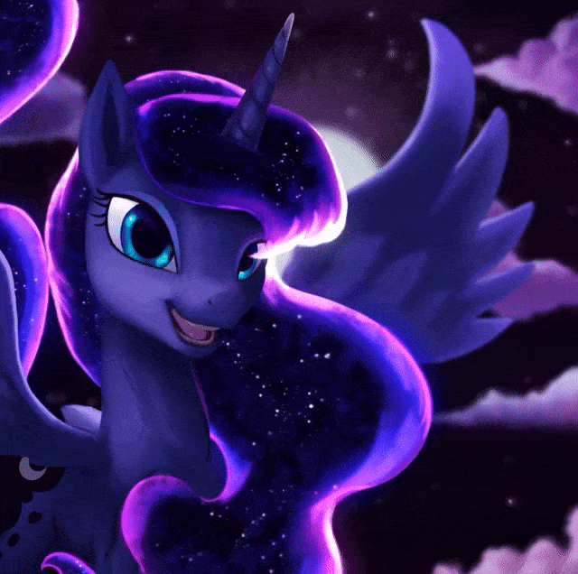 Size: 640x636 | Tagged: safe, artist:equum_amici, artist:starblaze25, character:princess luna, species:alicorn, species:pony, absurd file size, absurd gif size, animated, blinking, cinemagraph, cloud, cute, female, gif, grin, lidded eyes, looking at you, lunabetes, mare, moon, night, open mouth, sky, smiling, solo, spread wings, stars, wings