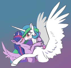 Size: 764x727 | Tagged: safe, artist:nadnerbd, character:princess celestia, character:twilight sparkle, character:twilight sparkle (alicorn), species:alicorn, species:pony, ship:twilestia, blushing, eyes closed, female, gradient background, kissing, lesbian, mare, shipping, spread wings, unshorn fetlocks, wings
