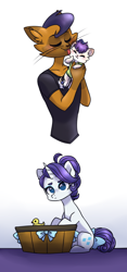 Size: 600x1282 | Tagged: safe, artist:s1nb0y, character:capper dapperpaws, character:rarity, oc, parent:capper dapperpaws, parent:rarity, parents:capperity, species:abyssinian, species:anthro, species:pony, species:unicorn, ship:capperity, my little pony: the movie (2017), alternate hairstyle, anthro with ponies, bathtub, capperbetes, cat, cats doing cat things, clothing, cute, female, interspecies, interspecies offspring, licking, male, mare, offspring, rubber duck, shipping, simple background, straight, tongue out, white background