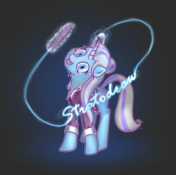 Size: 1024x1020 | Tagged: safe, artist:stratodraw, oc, oc only, species:pony, clothing, glowing horn, gradient background, magic, solo, stylus, telekinesis