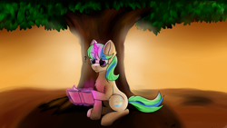 Size: 2560x1440 | Tagged: safe, artist:lunar froxy, oc, oc only, oc:crescent, species:pony, species:unicorn, book, confused, female, mare, sitting, solo, sunset, tree