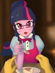 Size: 3000x4000 | Tagged: safe, artist:yinglongfujun, character:sunset shimmer, character:twilight sparkle, character:twilight sparkle (scitwi), species:eqg human, ship:scitwishimmer, ship:sunsetsparkle, my little pony:equestria girls, absurd resolution, blushing, cute, feeding, female, female pov, first person view, food, lesbian, looking at each other, looking at you, offscreen character, pov, shipping, spoon, twiabetes