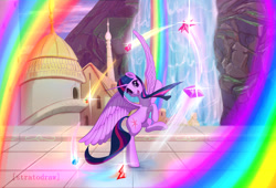Size: 1024x695 | Tagged: safe, artist:stratodraw, character:twilight sparkle, character:twilight sparkle (alicorn), species:alicorn, species:pony, canterlot, castle, dancing, elements of harmony, female, rainbow, solo, waterfall