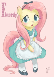 Size: 1000x1412 | Tagged: safe, artist:yanamosuda, character:fluttershy, species:pegasus, species:pony, alice in wonderland, bipedal, blushing, bow, clothing, crossover, cute, dress, female, looking at you, mare, shoes, shyabetes, simple background, socks, solo