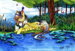 Size: 1024x698 | Tagged: safe, artist:scootiegp, oc, oc only, oc:sunny, species:pegasus, species:pony, brush, bulrush, butterfly, card, female, flower, forest, grass, lake, lily (flower), paper, signature, sitting, smiling, solo, traditional art, tree, water, water lily, wreath