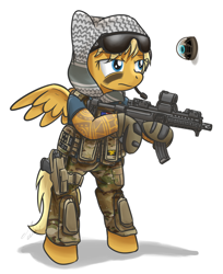 Size: 900x1103 | Tagged: safe, artist:buckweiser, species:pegasus, species:pony, bipedal, blood type o positive, camouflage, clothing, eye black (makeup), face paint, female, first aid kit, gloves, gun, handgun, headscarf, holster, hoof hold, knee pads, mare, mpx, multicam, picatinny rail, pistol, ponified, rainbow six, rainbow six siege, red dot, reflex sight, scarf, shemagh, simple background, solo, sunglasses, tattoo, valkyrie, video game crossover, weapon, white background