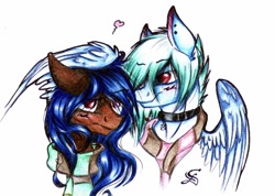 Size: 1024x729 | Tagged: safe, artist:scootiegp, oc, oc only, oc:blue, oc:greeny, species:pegasus, species:pony, blushing, bust, choker, clothing, ear piercing, earring, female, heart, jewelry, looking at each other, male, mare, necklace, pentagram, piercing, portrait, scarf, signature, simple background, smiling, stallion, white background