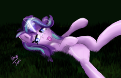 Size: 3429x2203 | Tagged: safe, artist:hippik, character:starlight glimmer, species:pony, species:unicorn, female, glowing horn, lidded eyes, lying down, mare, on back, sleepy, solo, tired, tongue out