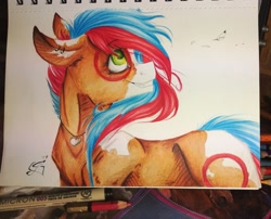 Size: 1024x828 | Tagged: safe, artist:scootiegp, oc, oc only, species:earth pony, species:pony, ear piercing, earring, feather, female, grin, heart, jewelry, looking up, mare, necklace, paper, piercing, round, signature, simple background, smiling, traditional art, white background
