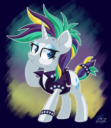 Size: 1680x1924 | Tagged: safe, artist:iheartjapan789, character:rarity, species:pony, species:unicorn, episode:it isn't the mane thing about you, g4, my little pony: friendship is magic, alternate hairstyle, clothing, female, mare, movie accurate, punk, punkity, raised hoof, smiling, solo