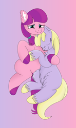 Size: 2304x3898 | Tagged: safe, artist:dinkyuniverse, character:dinky hooves, character:lily longsocks, species:earth pony, species:pony, species:unicorn, cheek fluff, chest fluff, cuddling, cute, dinkily, ear fluff, female, filly, foal romance, gradient background, lesbian, nap, resting, shipping, shipping fuel, sleeping, unshorn fetlocks, warm