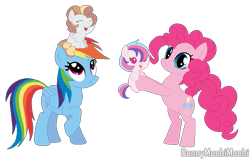 Size: 839x532 | Tagged: safe, artist:s1nb0y, character:pinkie pie, character:rainbow dash, oc, oc:pasteletta, oc:smoky quartz, parent:pinkie pie, parent:rainbow dash, parents:pinkiedash, species:earth pony, species:pegasus, species:pony, ship:pinkiedash, baby, baby pony, female, filly, holding a pony, lesbian, magical lesbian spawn, offspring, shipping, simple background, transparent background