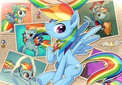 Size: 1350x945 | Tagged: safe, artist:ryuu, character:rainbow dash, species:pegasus, species:pony, clothing, costume, cute, dashabetes, dress, element of loyalty, female, filly, filly rainbow dash, flying, gala dress, looking at you, mare, netitus, photo, rainbow dash day, rainbow power, shield, smiling, solo, younger
