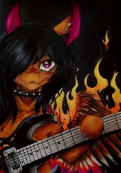 Size: 1024x1456 | Tagged: safe, artist:scootiegp, oc, oc only, species:pegasus, species:pony, black background, bust, choker, collar, ear piercing, earring, electric guitar, fire, guitar, jewelry, looking at you, male, metal as fuck, necklace, piercing, playing, portrait, signature, simple background, smiling, solo, stallion, string, traditional art