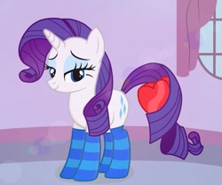 Size: 979x816 | Tagged: safe, artist:tabrony23, character:rarity, species:pony, clothing, heart, holiday, lidded eyes, prehensile tail, socks, striped socks, tail hold, valentine's day