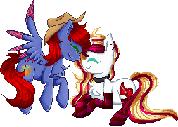 Size: 253x181 | Tagged: safe, artist:sketchyhowl, oc, oc only, oc:nightshade, oc:vanilla, species:pegasus, species:pony, species:unicorn, animated, colored wings, colored wingtips, female, gif, mare, nuzzling, pixel art, prone, simple background, transparent background