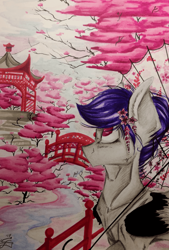 Size: 1024x1516 | Tagged: safe, artist:scootiegp, oc, oc only, species:pegasus, species:pony, cherry, female, fence, flower, flower in hair, food, japan, japanese, looking up, river, signature, solo, stairs, stone, traditional art, tree, umbrella, water