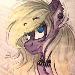 Size: 1024x1023 | Tagged: safe, artist:scootiegp, oc, oc only, species:pony, bust, choker, ear piercing, earring, eye clipping through hair, female, jewelry, looking at you, necklace, piercing, portrait, signature, simple background, smiling, solo