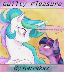 Size: 839x951 | Tagged: safe, artist:firimil, character:princess celestia, character:twilight sparkle, species:alicorn, species:pony, ship:twilestia, blushing, chest fluff, cute, cutelestia, dialogue, drunk, drunk twilight, eye contact, fanfic, fanfic art, fanfic cover, female, horn, implied lesbian, implied shipping, implied twilestia, lesbian, looking at each other, majestic as fuck, mare, missing accessory, shipping, shipping fuel, simple background, subtle as a train wreck, text, twiabetes, wings