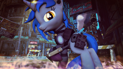 Size: 3840x2160 | Tagged: safe, artist:dj-chopin, oc, oc:homage, species:pony, species:unicorn, fallout equestria, 3d, city, clothing, cute, fanfic, fanfic art, female, hooves, horn, looking at you, mare, raised hoof, ruins, solo, tongue out, wasteland, watchtower