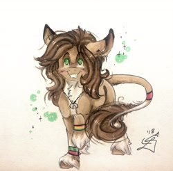 Size: 2692x2650 | Tagged: safe, artist:scootiegp, oc, oc only, species:pony, blushing, bubble, chest fluff, ear piercing, earring, grin, hooves, jewelry, looking up, male, necklace, pendant, piercing, rainbow, raised hoof, signature, simple background, smiling, solo, stallion, standing, traditional art, white background, wristband