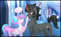 Size: 800x492 | Tagged: safe, artist:derpsonhooves, character:king sombra, character:princess flurry heart, species:alicorn, species:pony, species:unicorn, boop, cute, female, flurrybetes, hilarious in hindsight, male, mare, older, older flurry heart, question mark, revenge, smiling, sombradorable, stallion