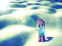 Size: 443x332 | Tagged: safe, artist:austiniousi, edit, character:trixie, clothing, female, snow, snow cap, socks, solo, striped socks